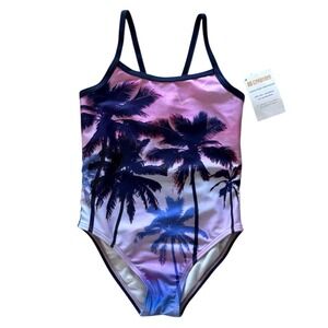 Gymboree Girl's Size EXTRA SMALL  (4)‎ Palm Swimsuit 1 piece UPF 50+ Purple Pink